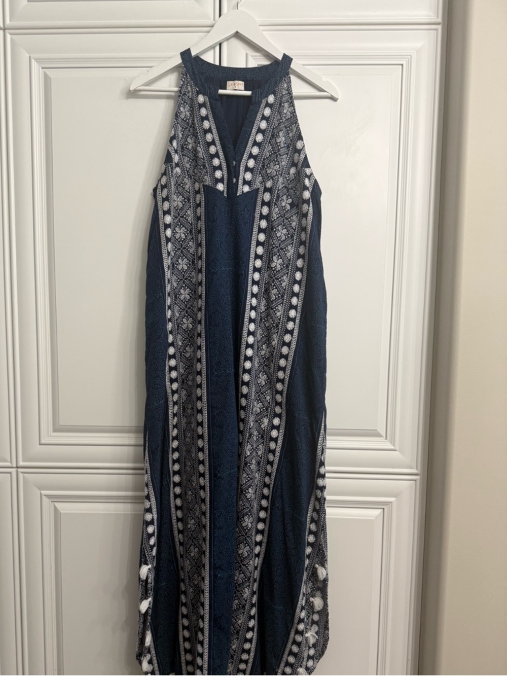 Lula Soul Size Small Navy Blue "Aria" Sleeveless Halter Embroidered Maxi Dress